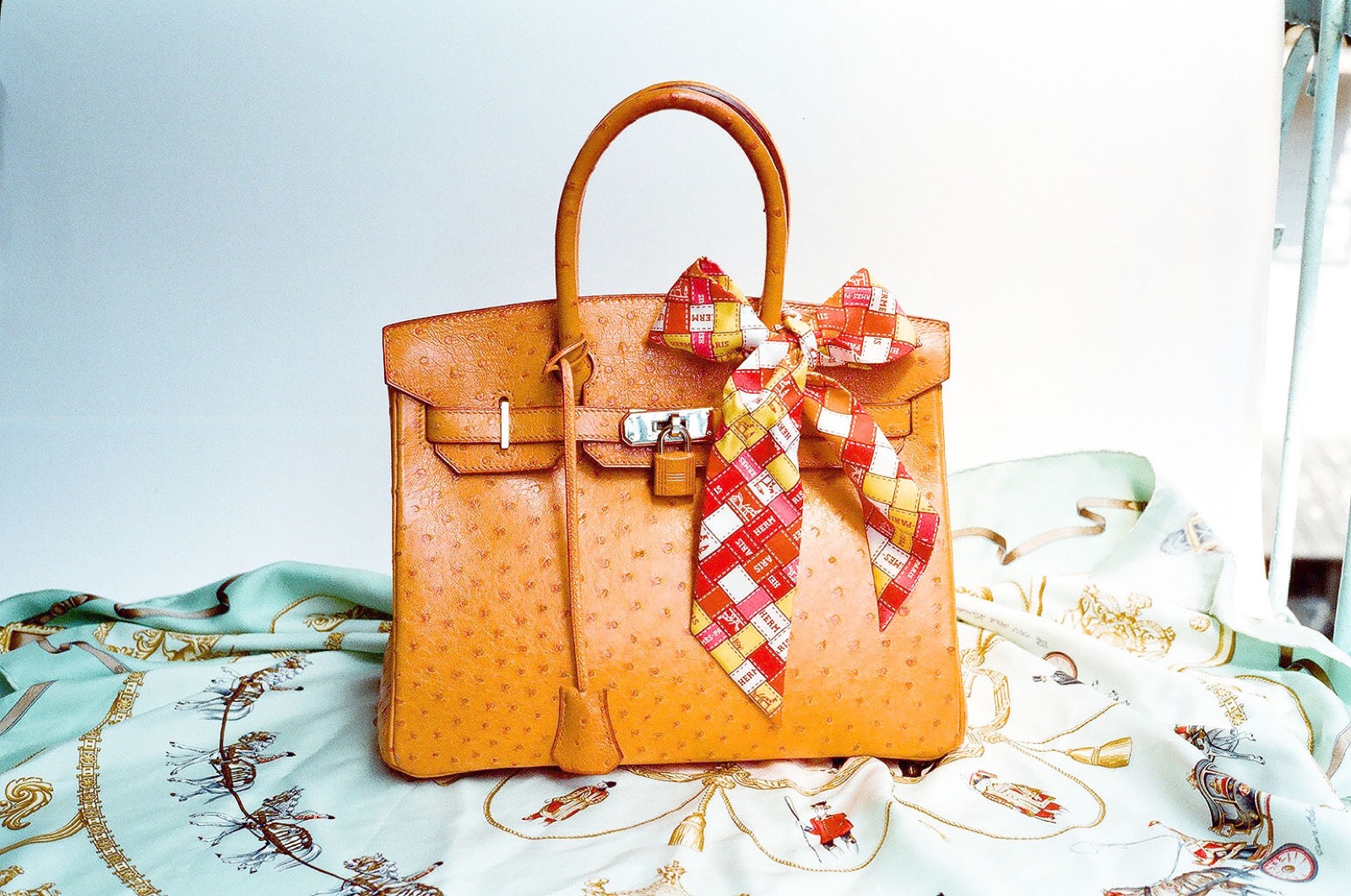 Ostrich-leather Hermès Birkin with a patterned twilly scarf tied to the handle